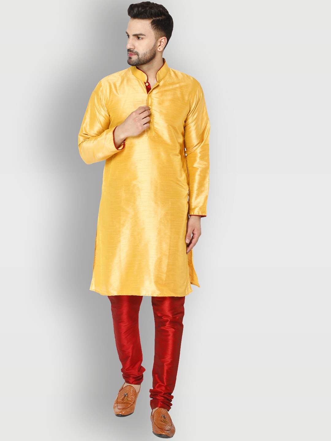 

Enciger Men Gold-Toned & Maroon Dupion Silk Kurta with Churidar