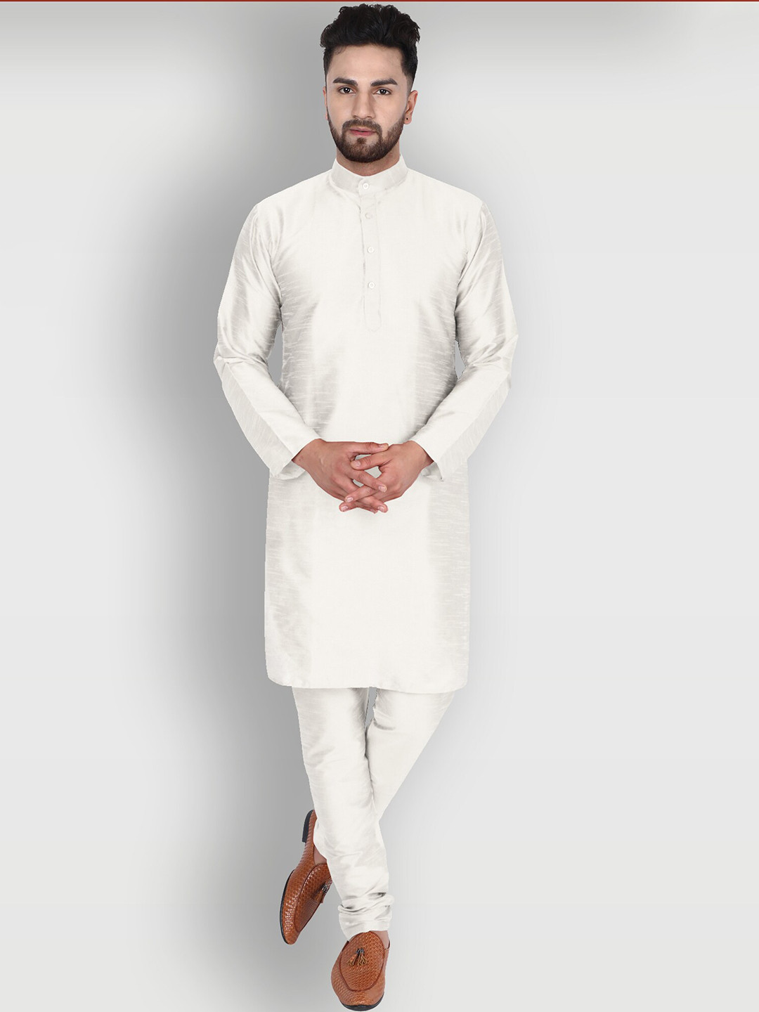 

Enciger Men Off White Dupion Silk Kurta with Churidar