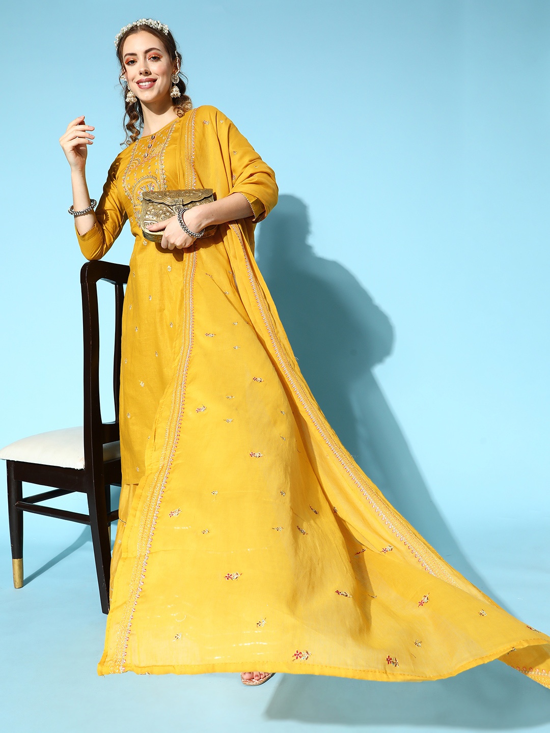

SheWill Women Ethnic Motifs Pure Cotton Hyper Texture Kurta Set, Mustard