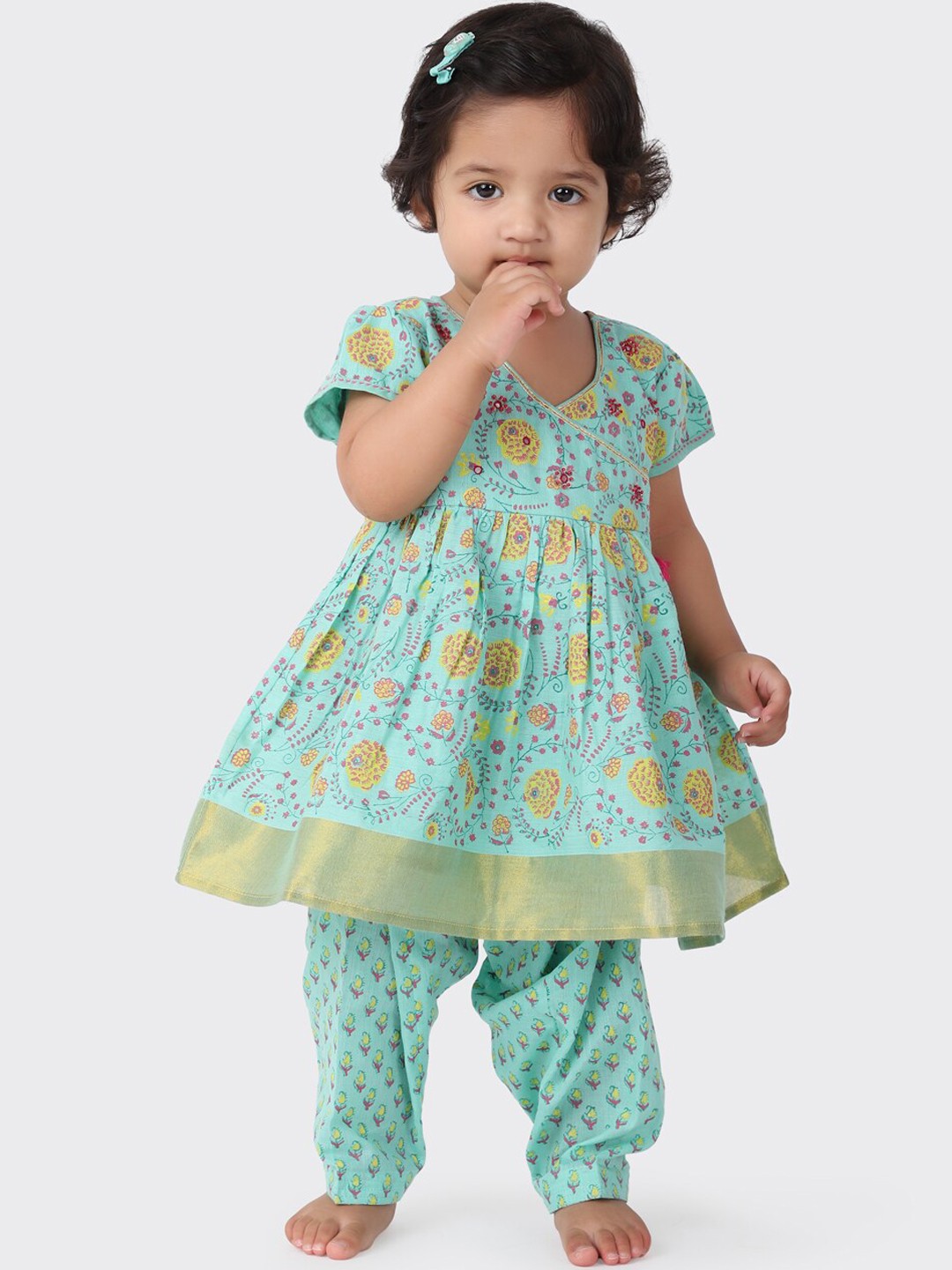 

Fabindia Girls Blue Floral Printed Pure Cotton Kurta with Salwar