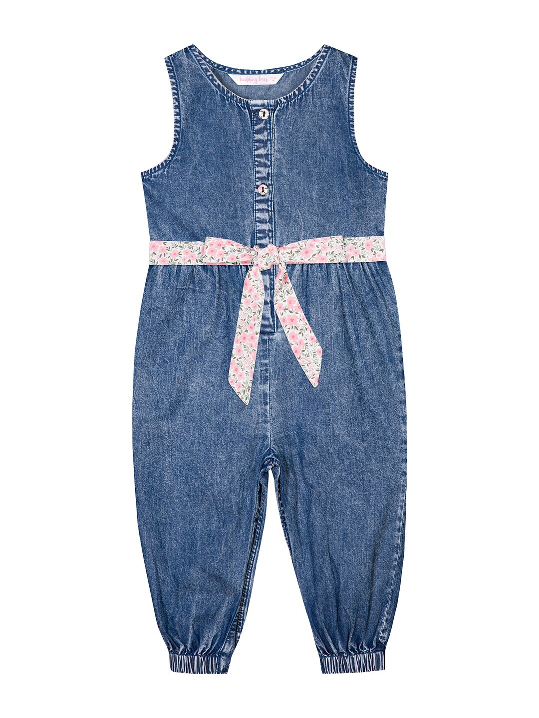 

Budding Bees Girls Blue Basic Jumpsuit with Printed Belt