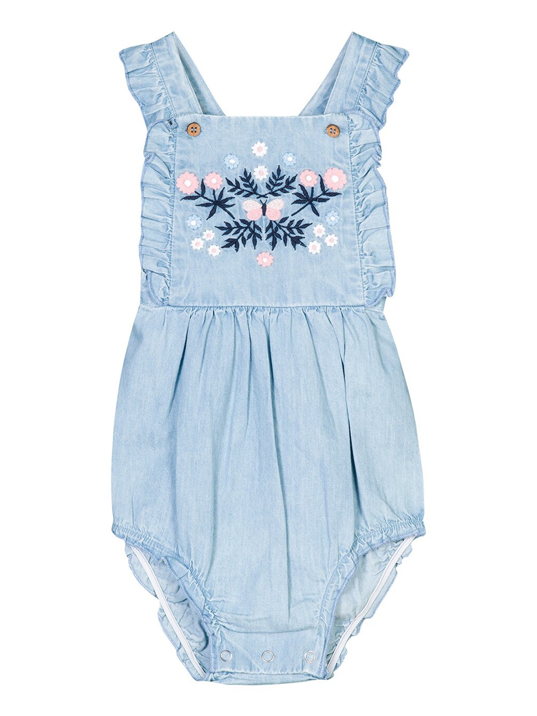 

Budding Bees Infant Girls Blue Denim Embroidered Rompers With Ruffles Detail