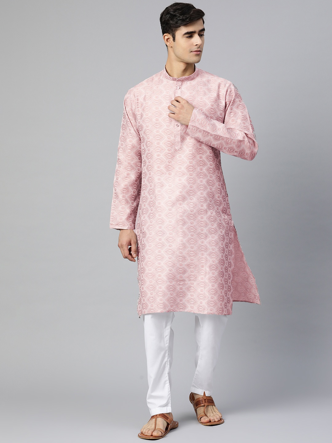 

MANQ Men Pink Woven Design Chanderi Cotton Kurta with Pyjamas