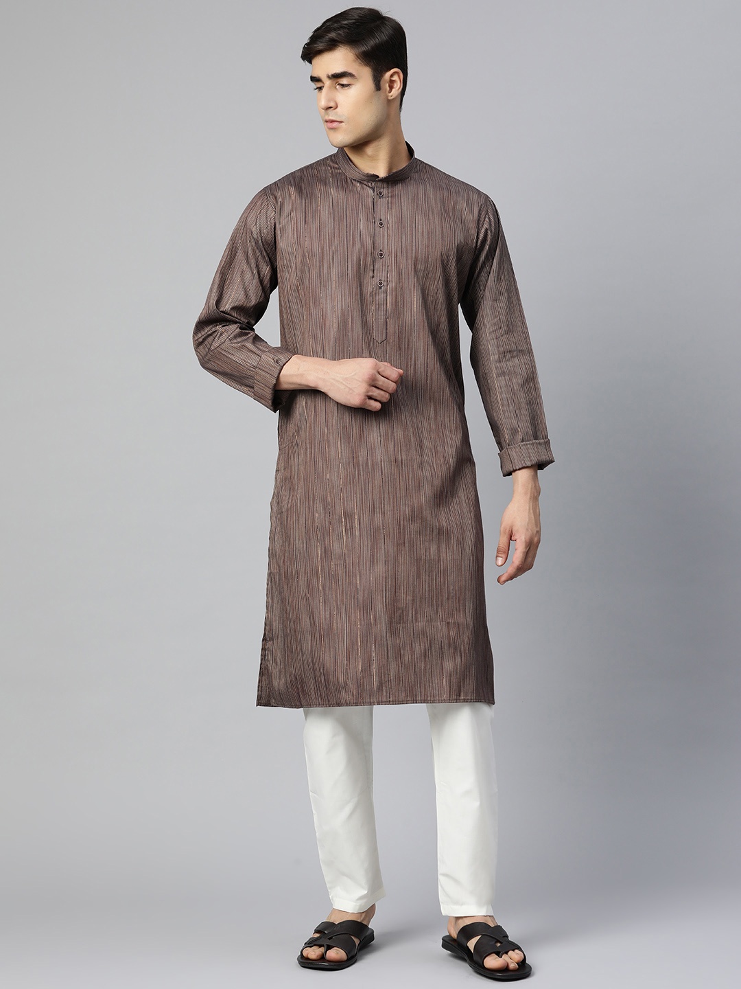 

MANQ Men Taupe Striped Pure Cotton Kurta with Pyjamas