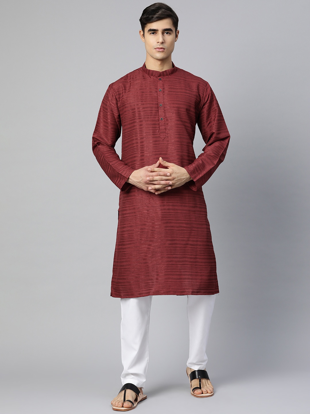 

MANQ Men Maroon Striped Kurta with Pyjamas