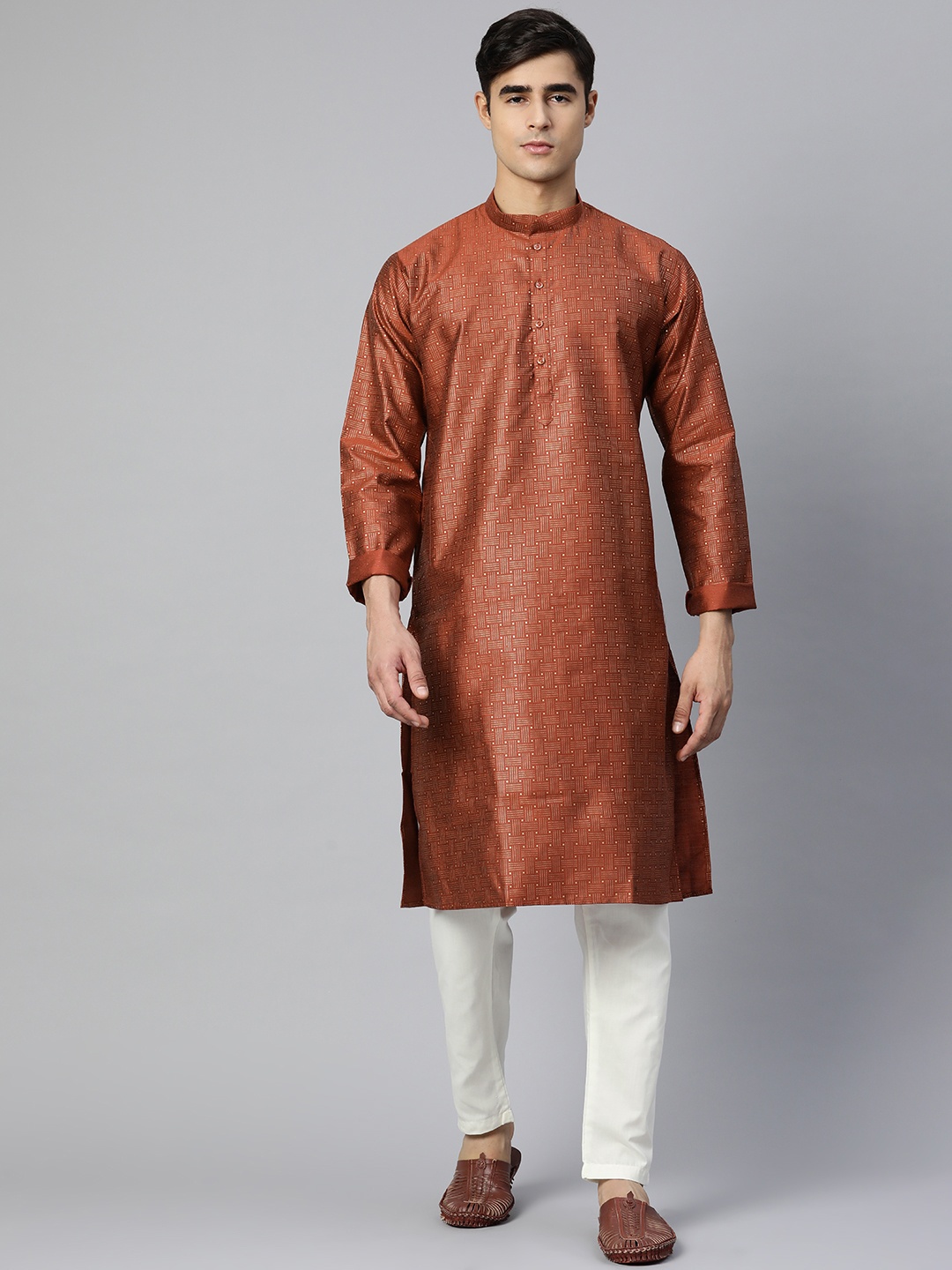 

MANQ Men Rust Brown & White Printed Pure Cotton Kurta with Pyjamas