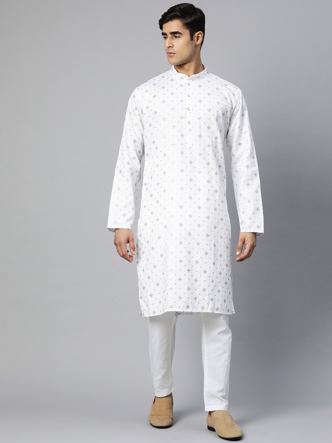 

MANQ Men White & Golden Ethnic Motifs Printed Pure Cotton Kurta with Pyjamas