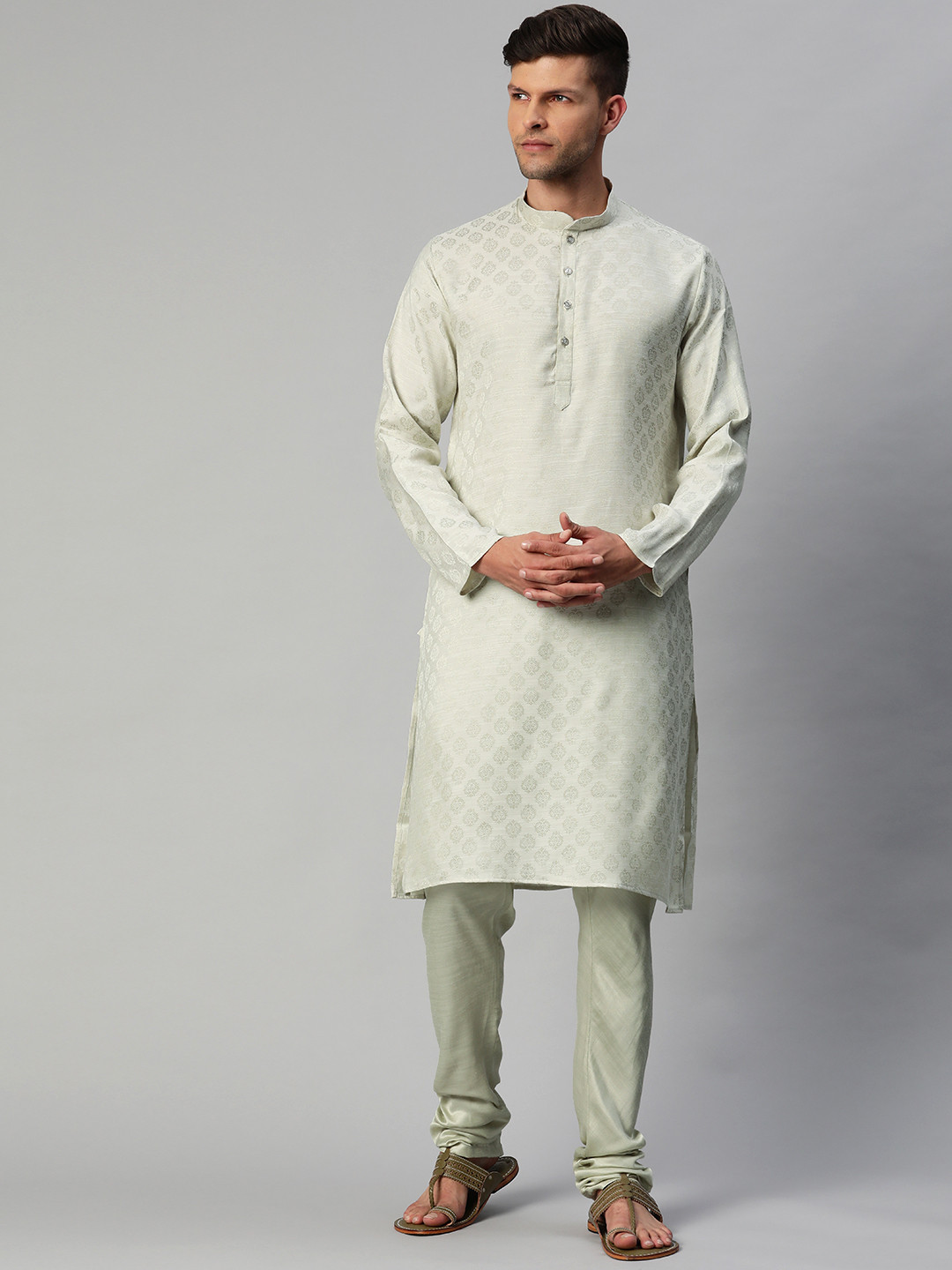 

MANQ Men Green Ethnic Motifs Chanderi Cotton Kurta with Pyjamas