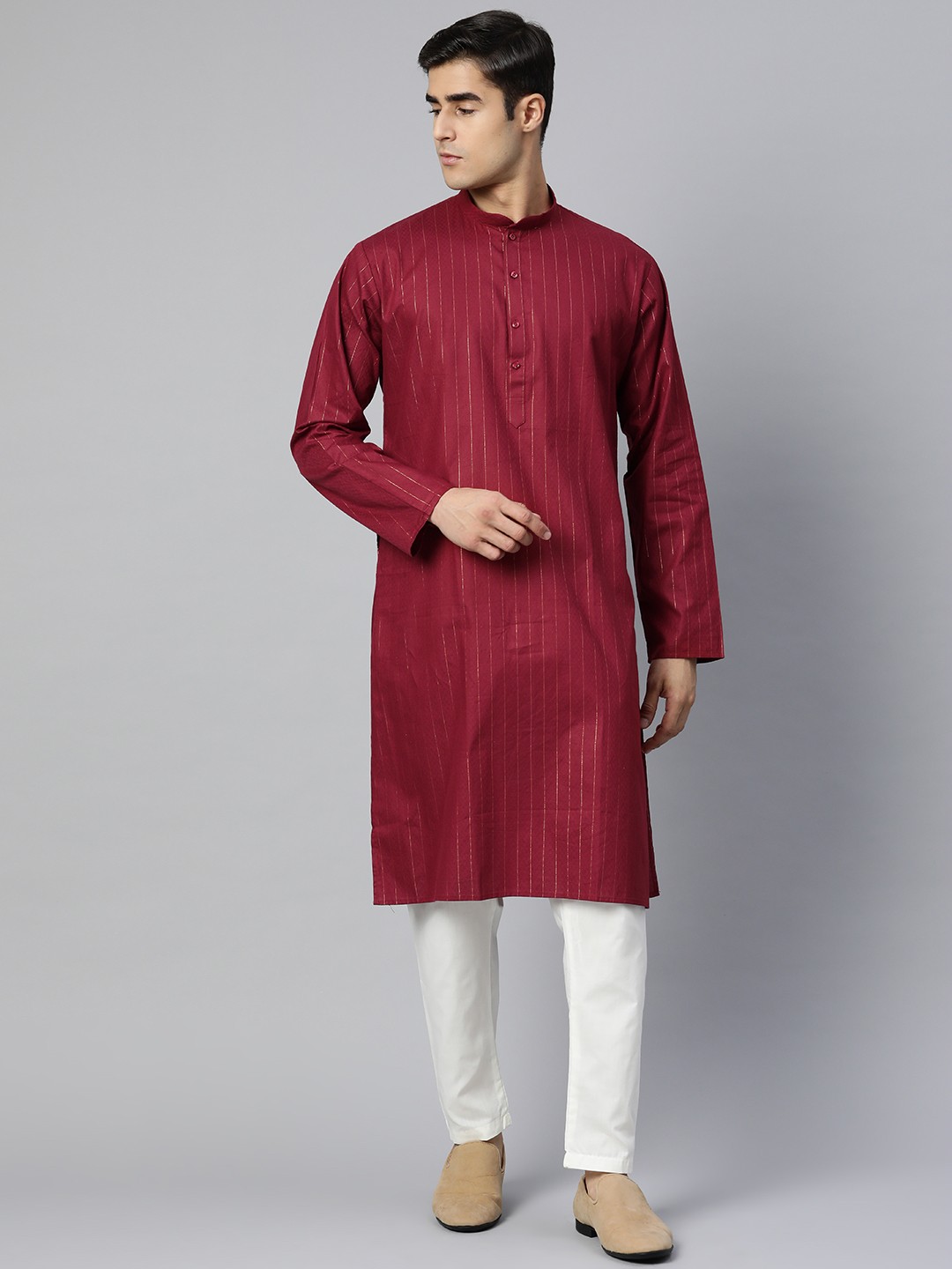 

MANQ Men Maroon Striped Pure Cotton Kurta with Pyjamas
