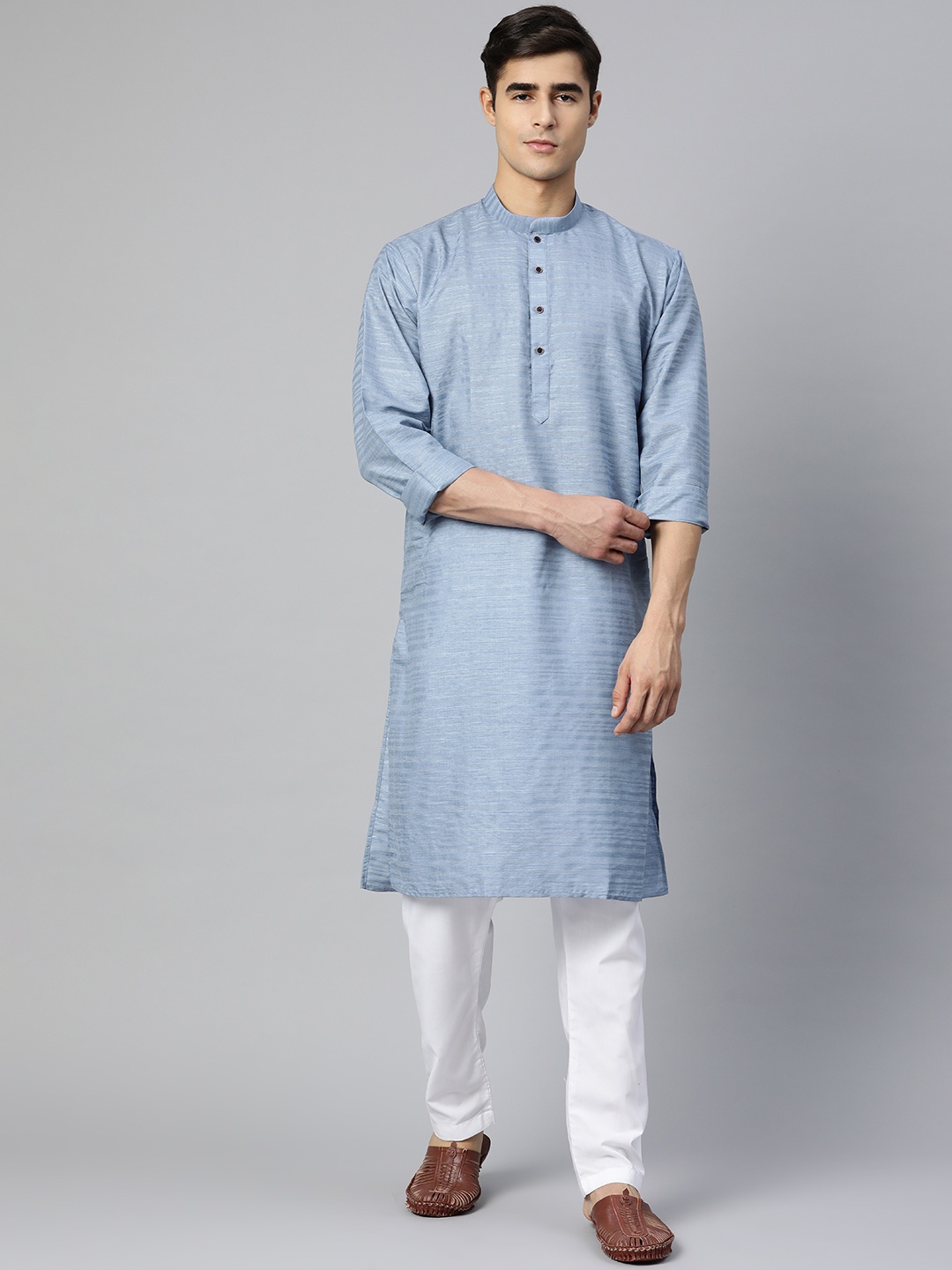 

MANQ Men Blue Striped Kurta with Pyjamas