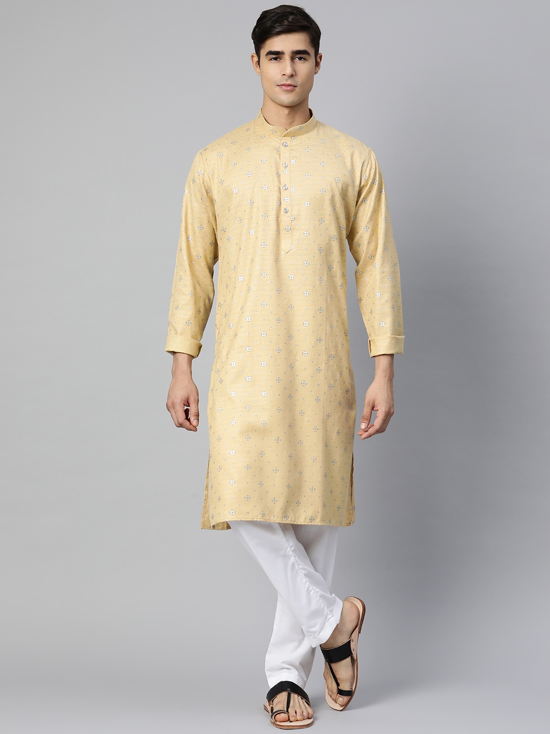 

MANQ Men Beige & White Ethnic Motifs Printed Pure Cotton Kurta with Pyjamas