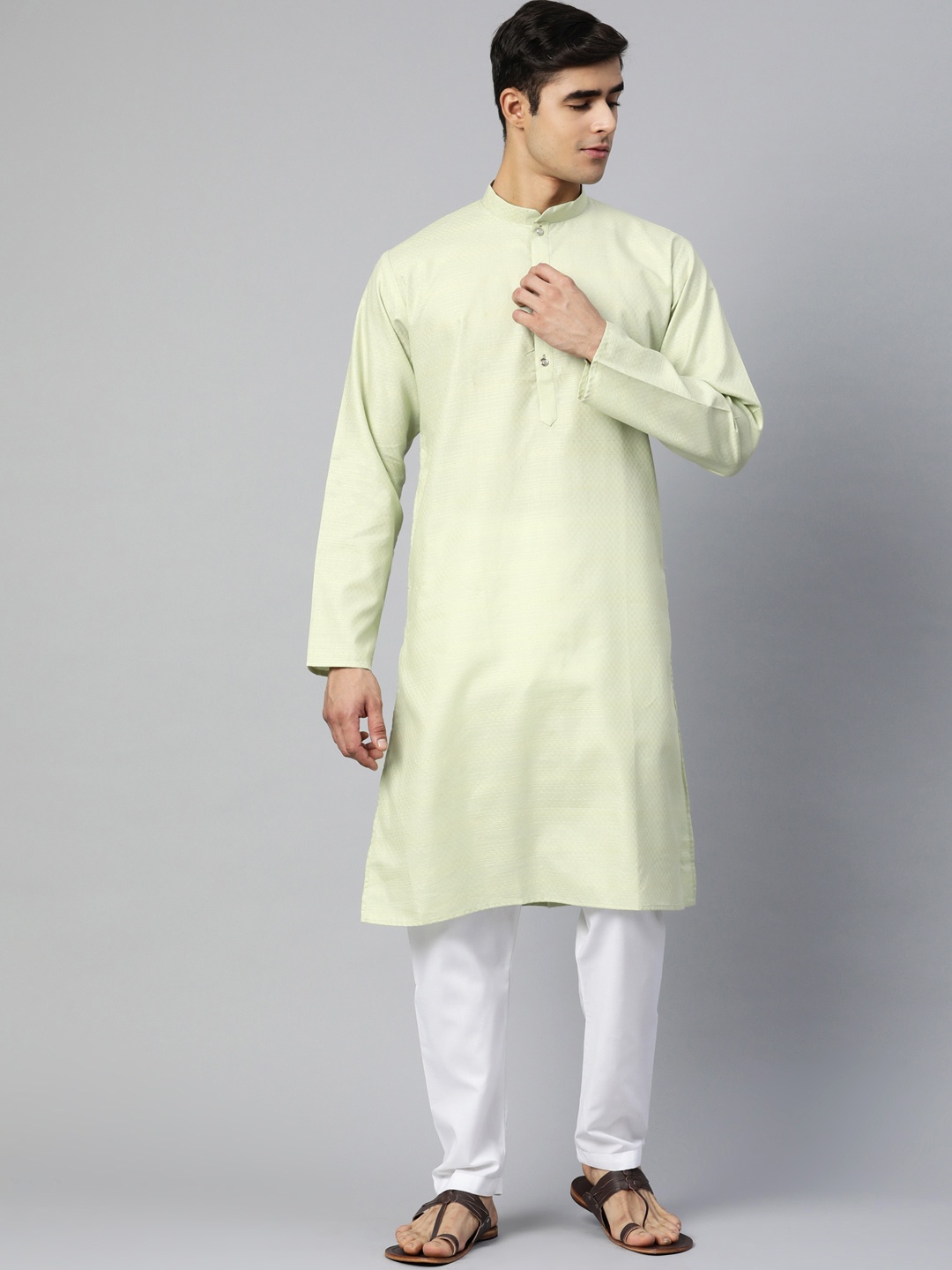 

MANQ Men Green Striped Pure Cotton Kurta with Pyjamas