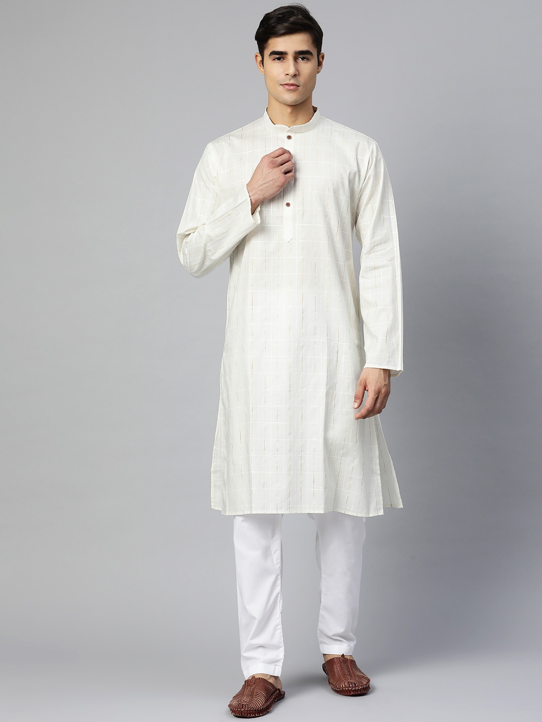 

MANQ Men Off White Checked Pure Cotton Kurta with Pyjamas