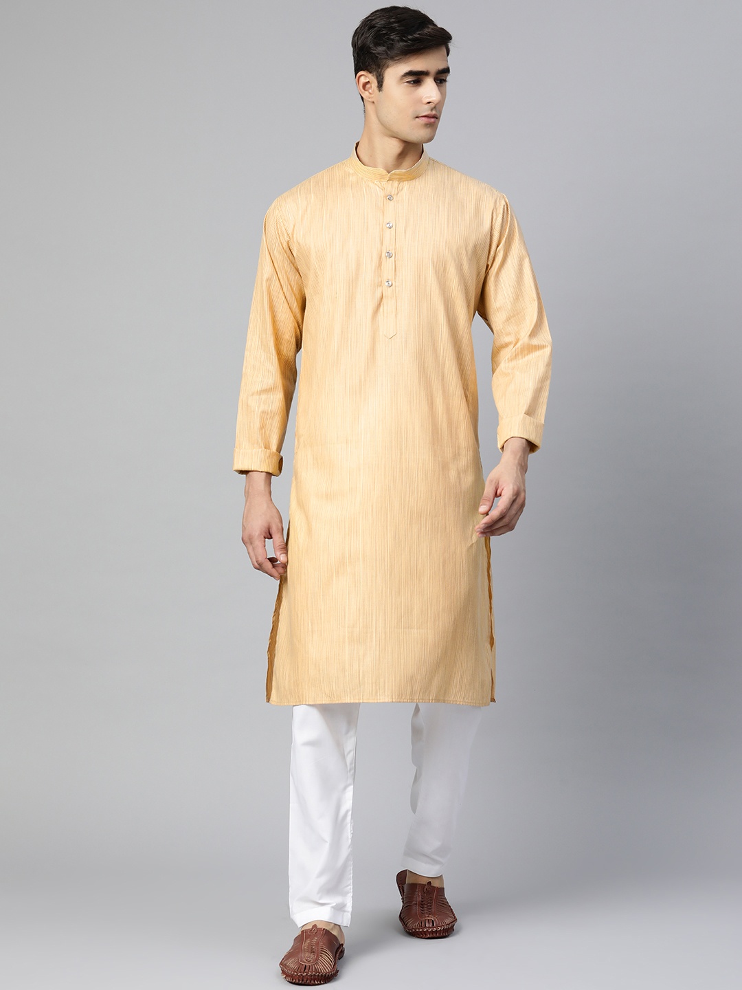 

MANQ Men Beige Striped Pure Cotton Kurta with Pyjamas