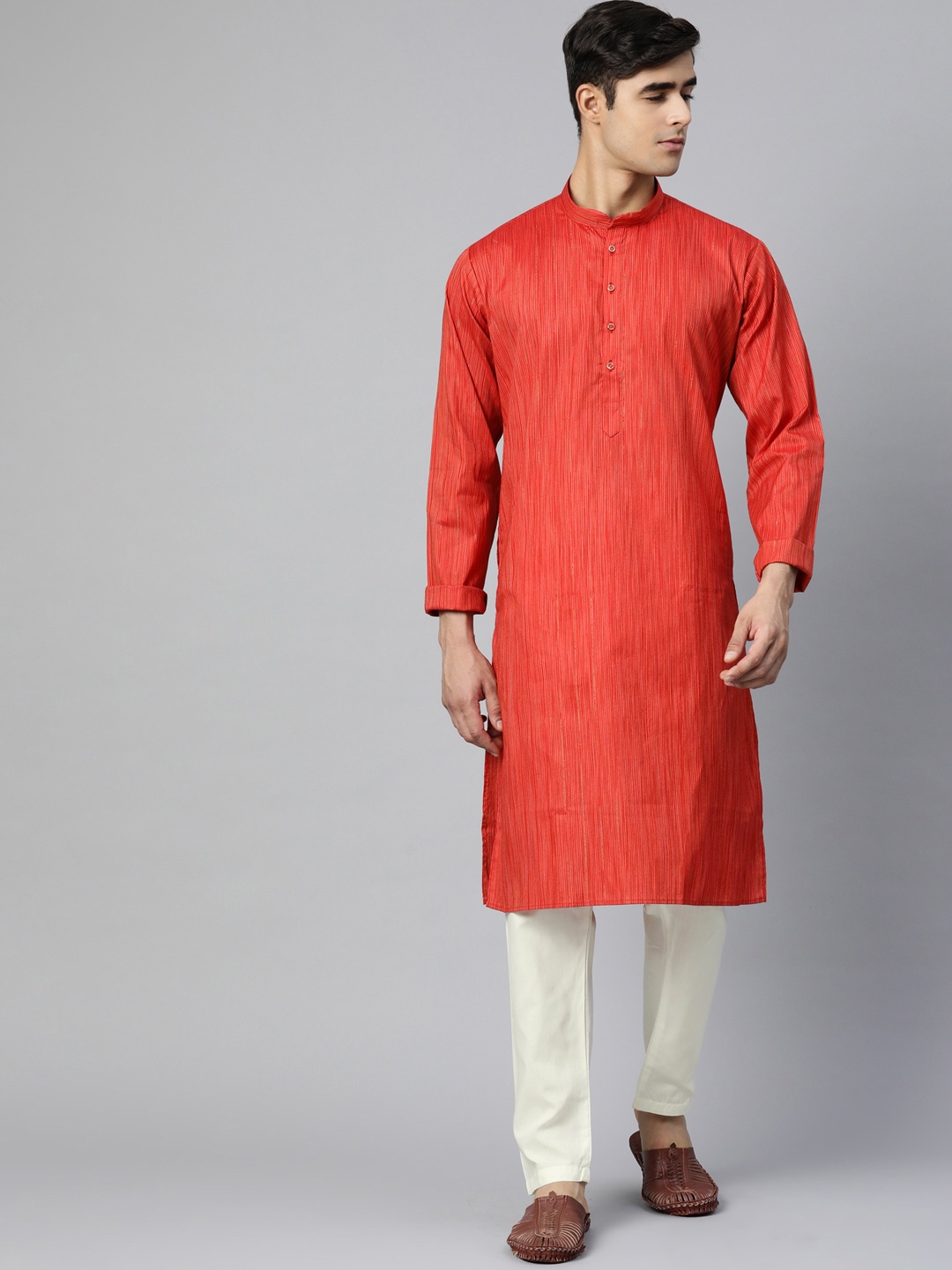 

MANQ Men Red Striped Pure Cotton Kurta with Pyjamas