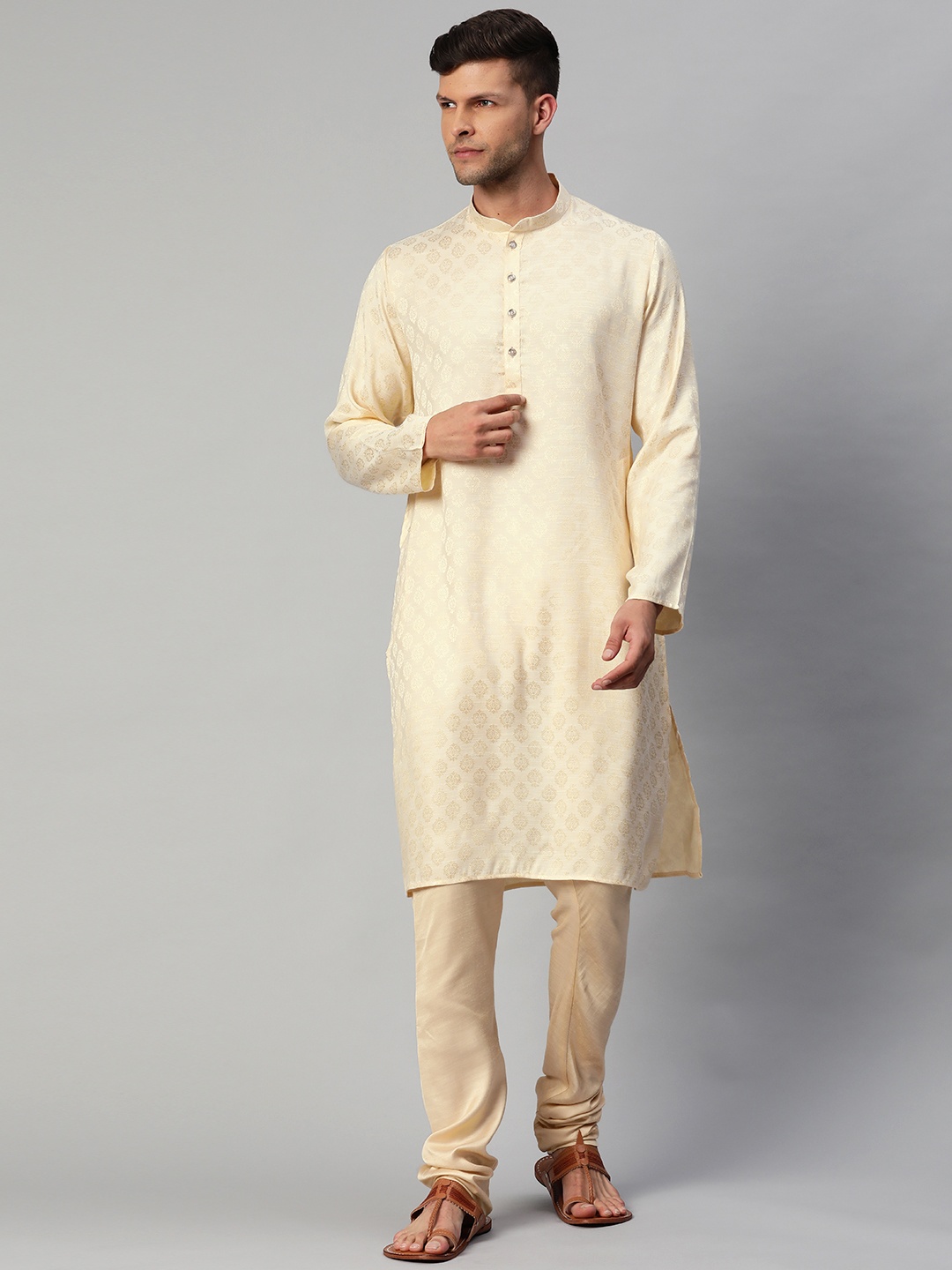 

MANQ Men Beige & Golden Ethnic Motifs Printed Chanderi Cotton Kurta with Pyjamas