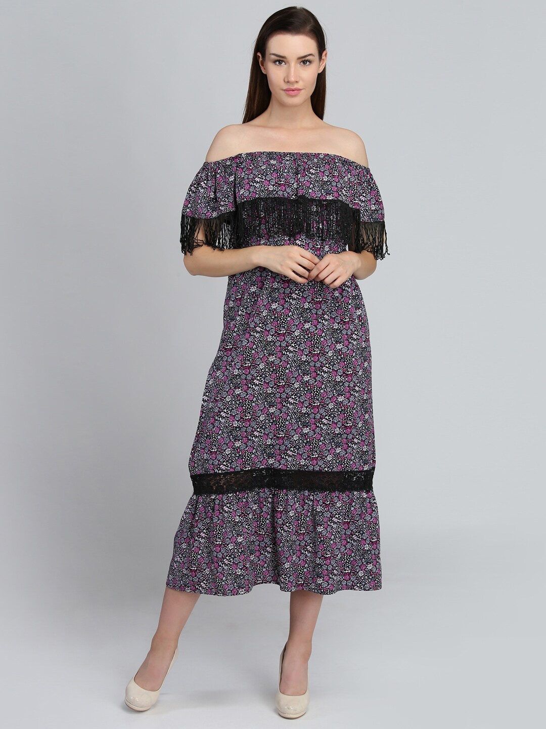 

DODO & MOA Women Blue & Purple Floral Off-Shoulder Crepe A-Line Midi Dress