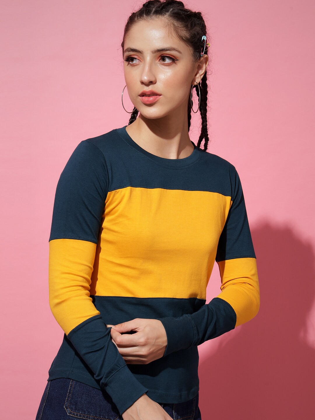 

The Dry State Women Black & Yellow Colourblocked T-shirt