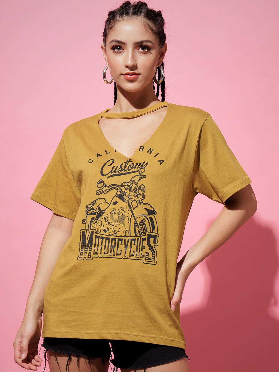 

The Dry State Women Yellow & Black Printed V-Neck Oversized T-shirt