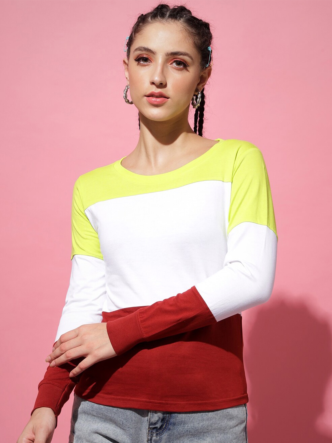 

The Dry State Women Green & White Colourblocked T-shirt