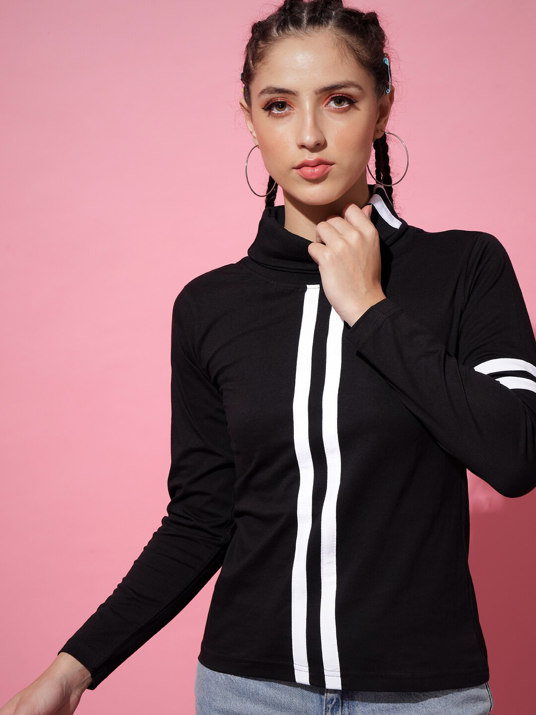 

The Dry State Women Black Colourblocked High Neck Drop-Shoulder Sleeves T-shirt