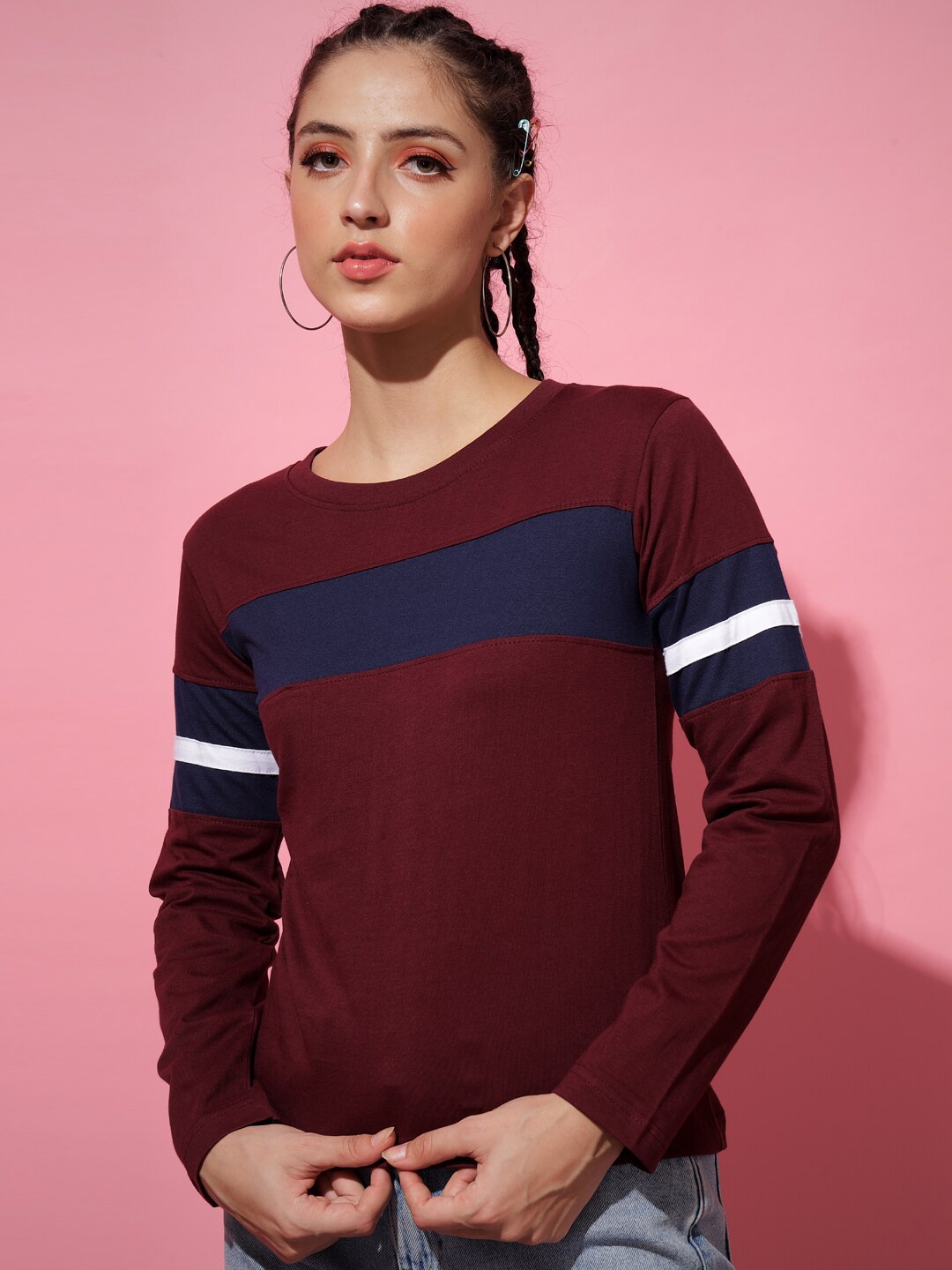 

The Dry State Women Maroon Colourblocked T-shirt