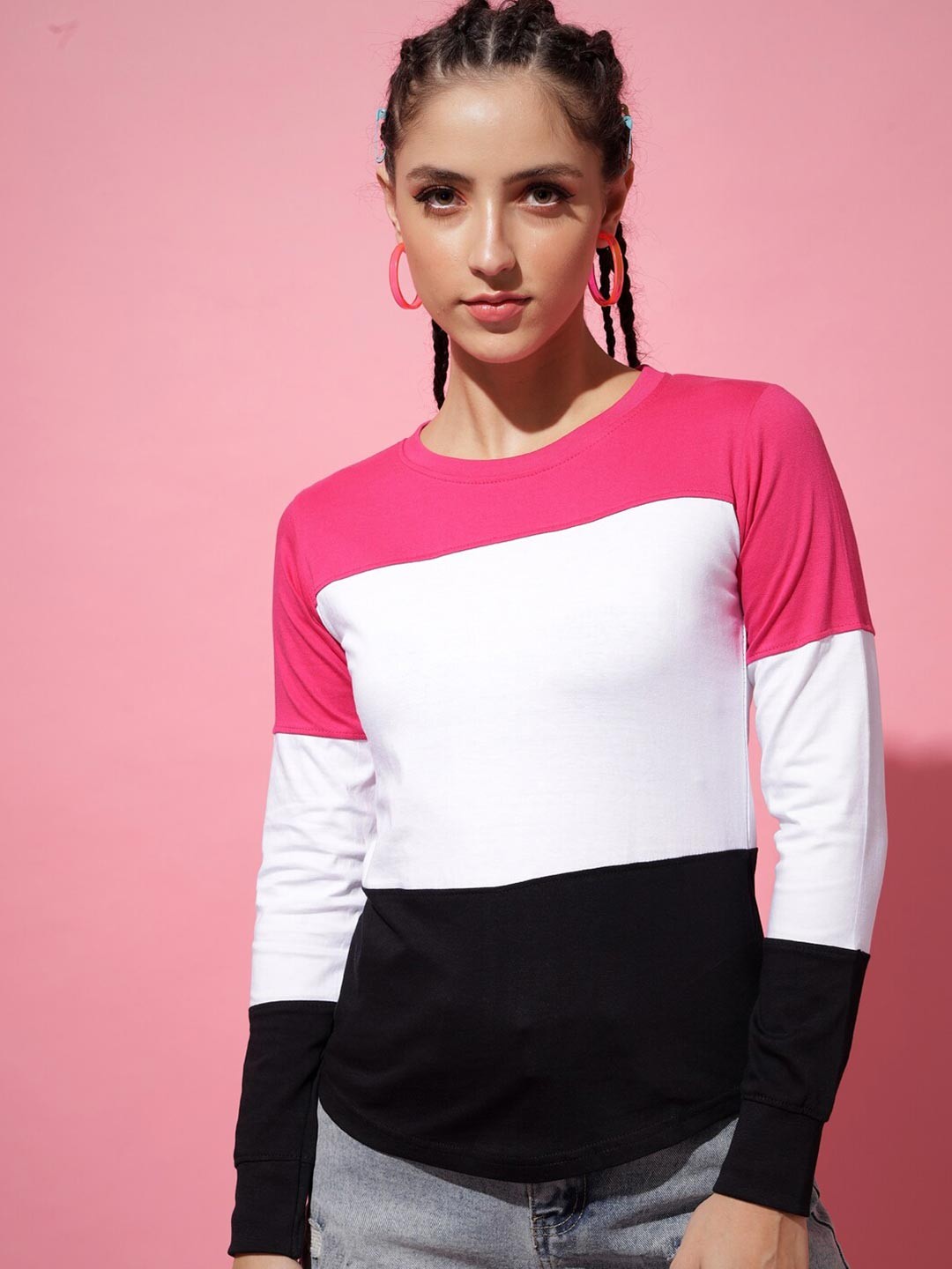 

The Dry State Women Pink & White Colourblocked T-shirt