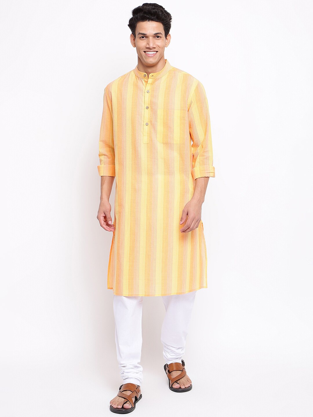 

Fabindia Men Yellow Mandarin Collar Cotton Kurta
