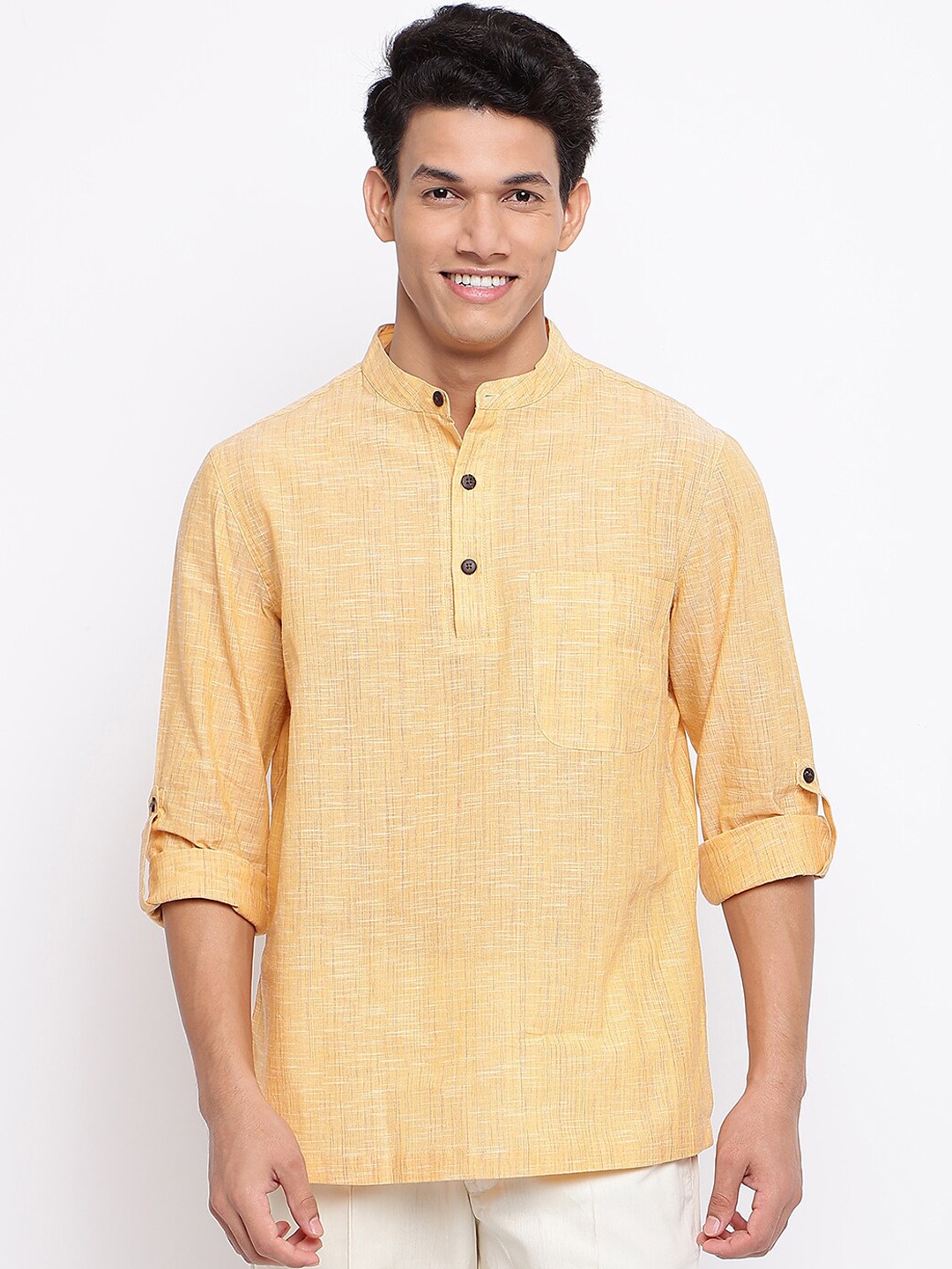 

Fabindia Men Yellow Cotton Self Design Comfort Fit Super Short Kurta