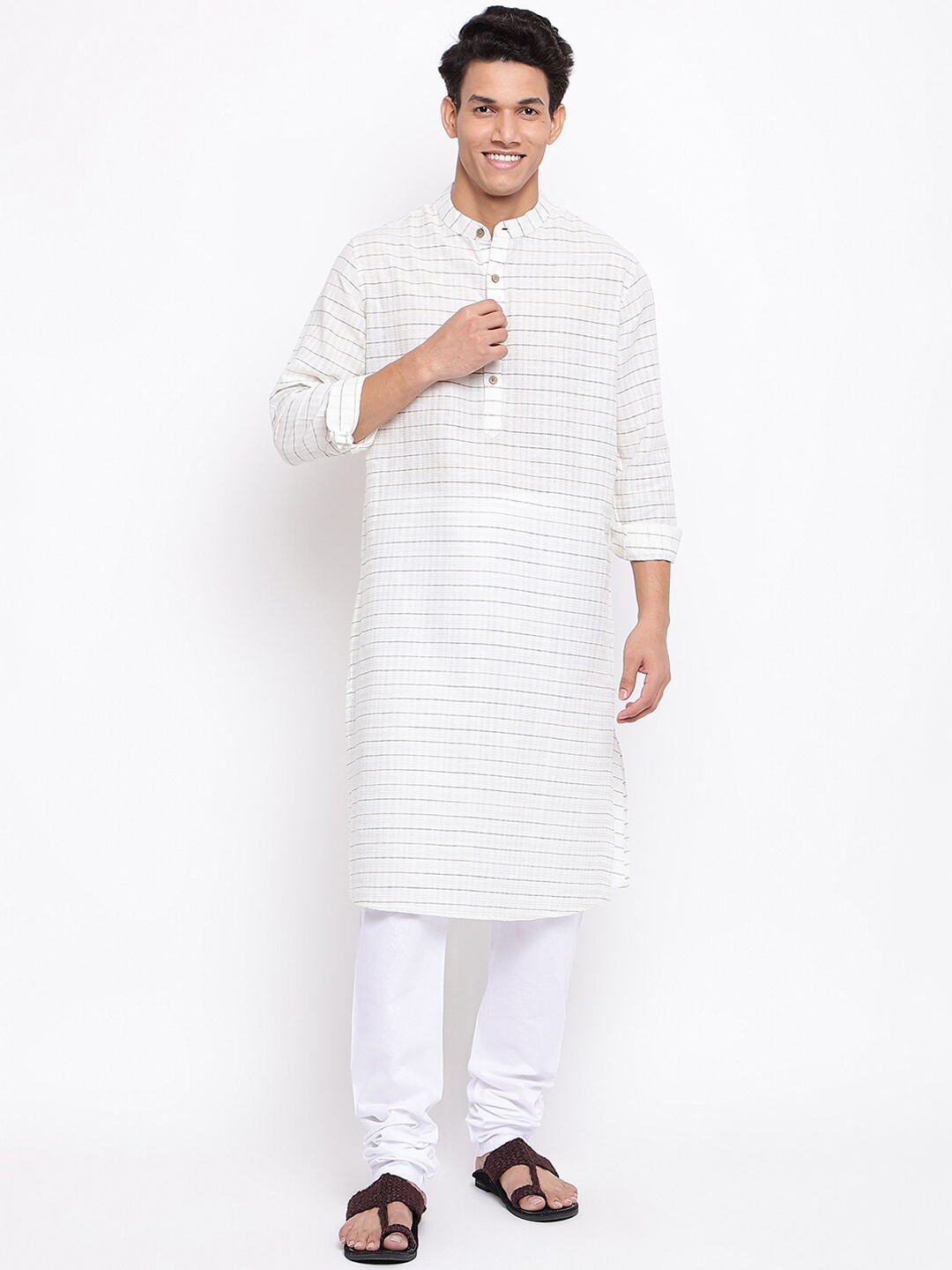 

Fabindia Men White Striped Cotton Kurta
