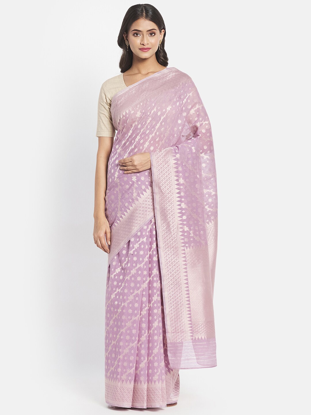 

Fabindia Lavender & Silver-Toned Ethnic Motifs Zari Silk Cotton Saree