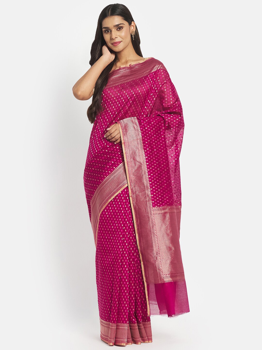 

Fabindia Magenta & Gold-Toned Woven Design Silk Cotton Saree