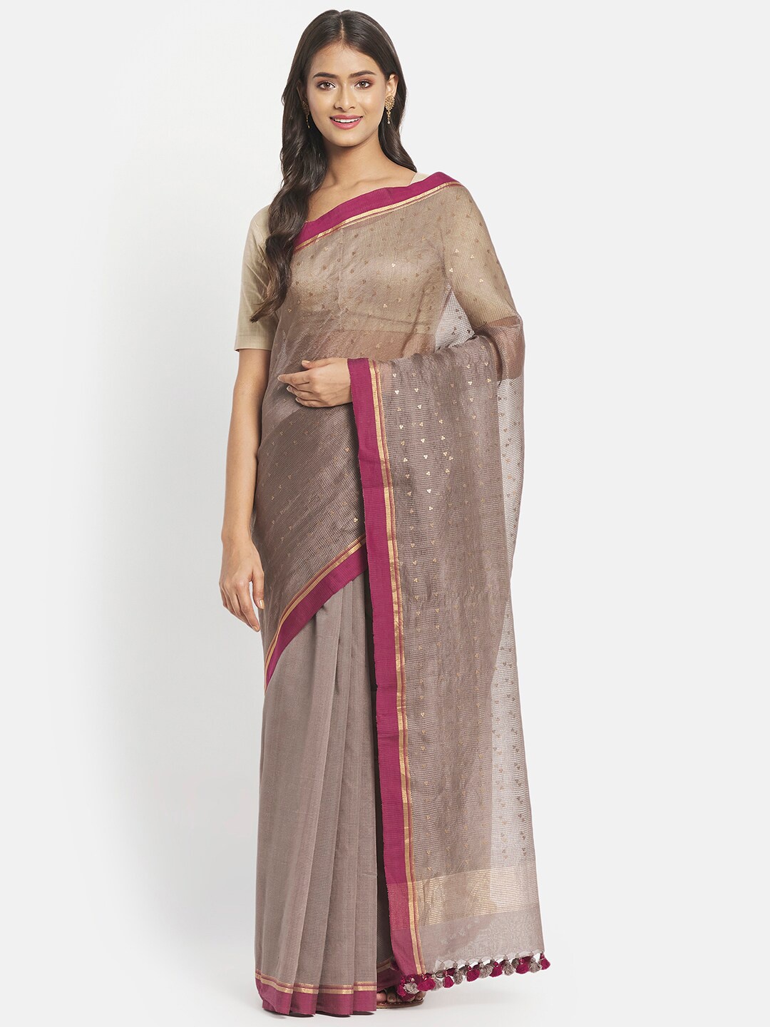 

Fabindia Grey & Gold-Toned Woven Design Zari Silk Cotton Saree