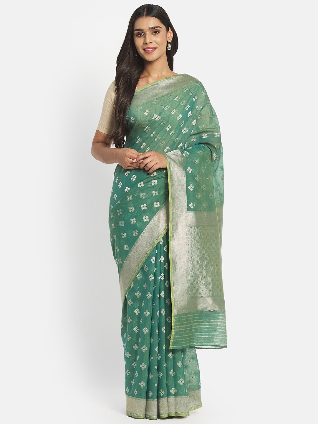 

Fabindia Green & Silver-Toned Woven Design Zari Silk Cotton Saree