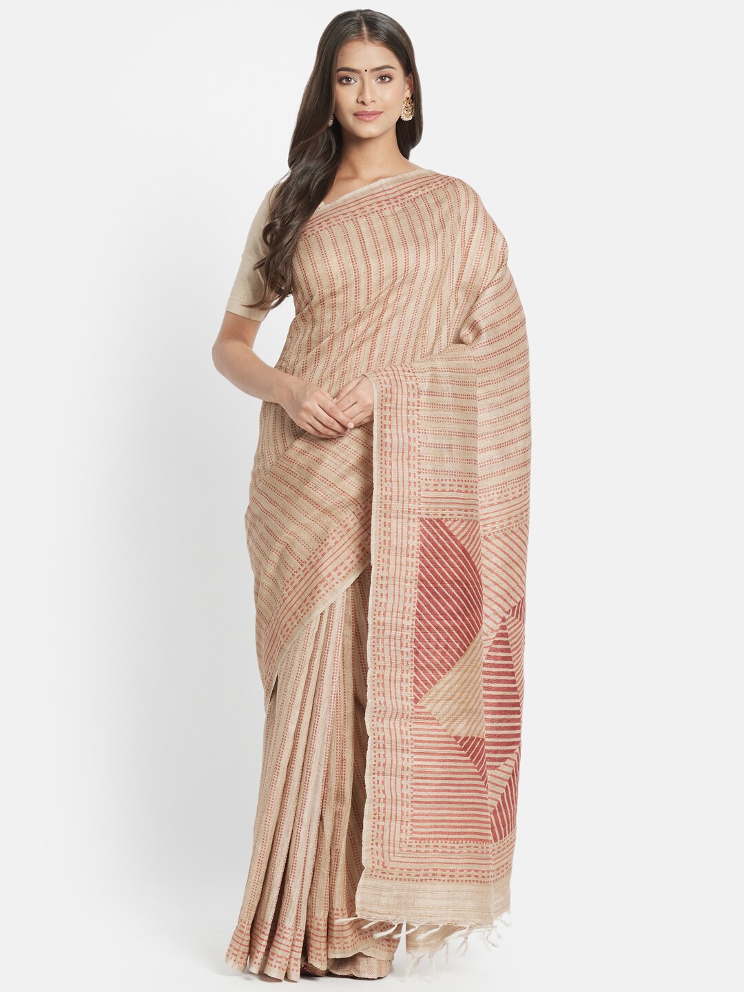 

Fabindia Cream-Coloured Pure Silk Block Print Saree