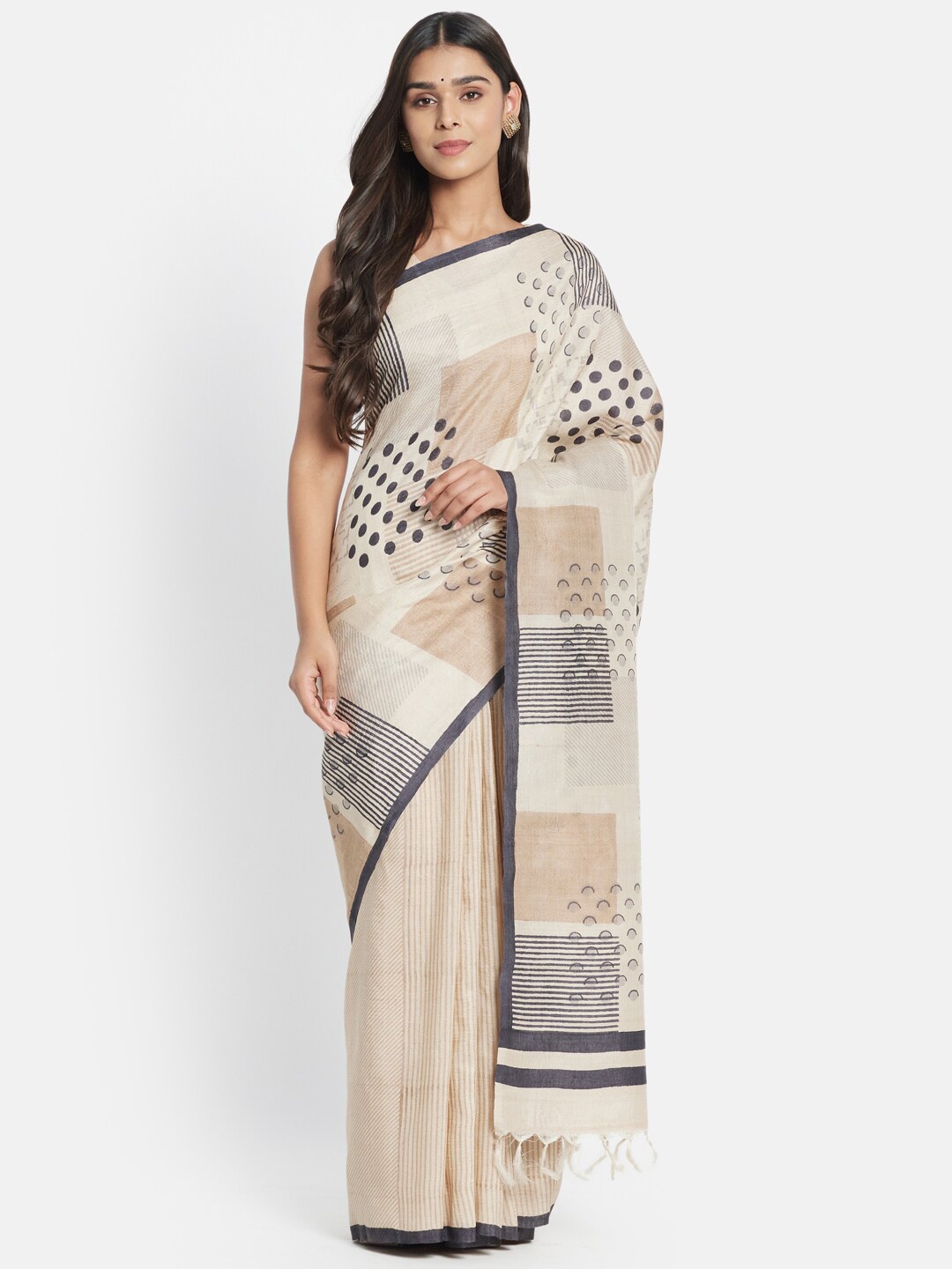 

Fabindia Cream-Coloured & Blue Pure Silk Saree