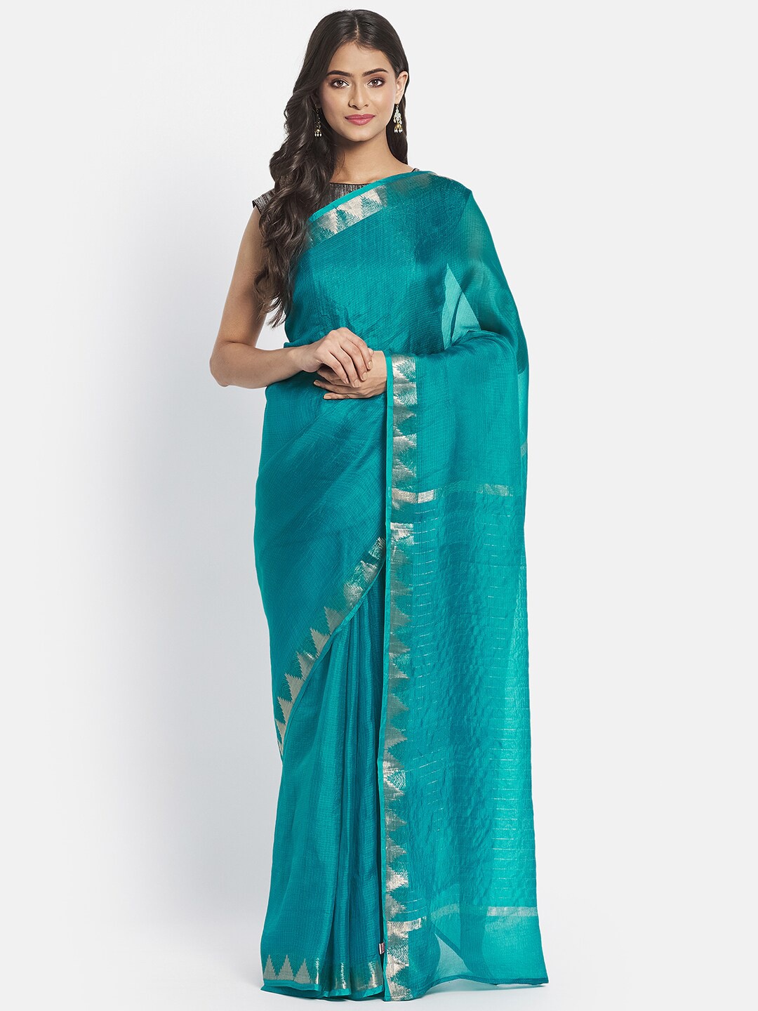 

Fabindia Blue & Silver-Toned Woven Design Zari Pure Silk Saree