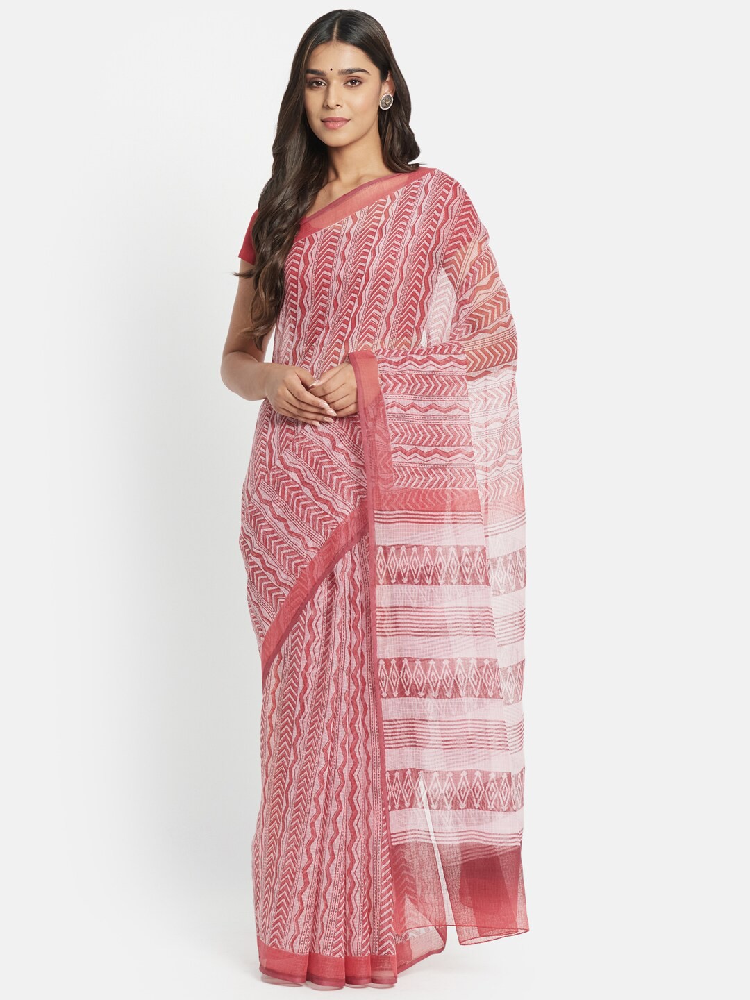 

Fabindia FabBasic Red & White Printed Silk Cotton Block Print Saree