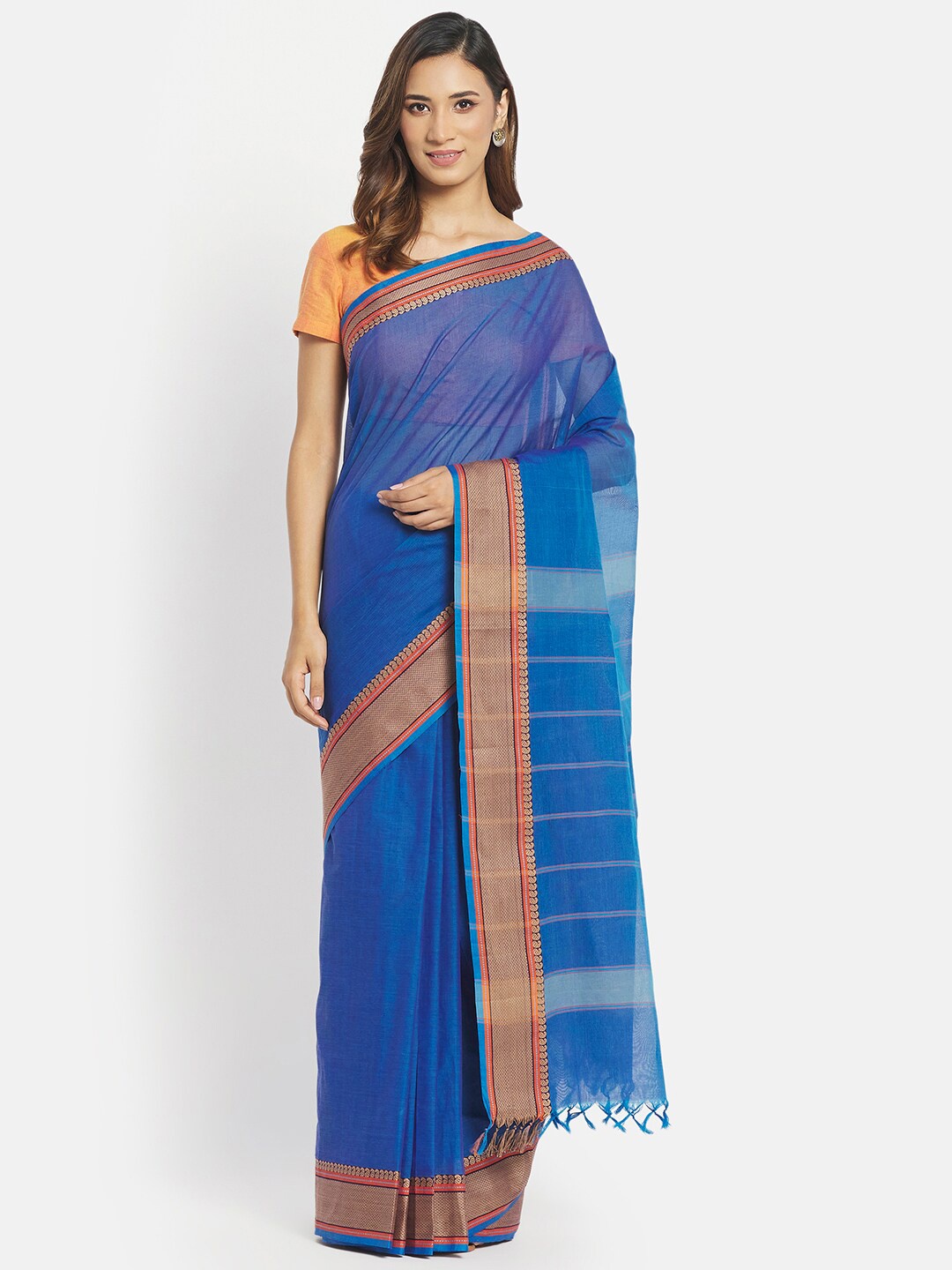 

Fabindia FabBasic Blue & Gold-Toned Woven Design Zari Pure Cotton Saree