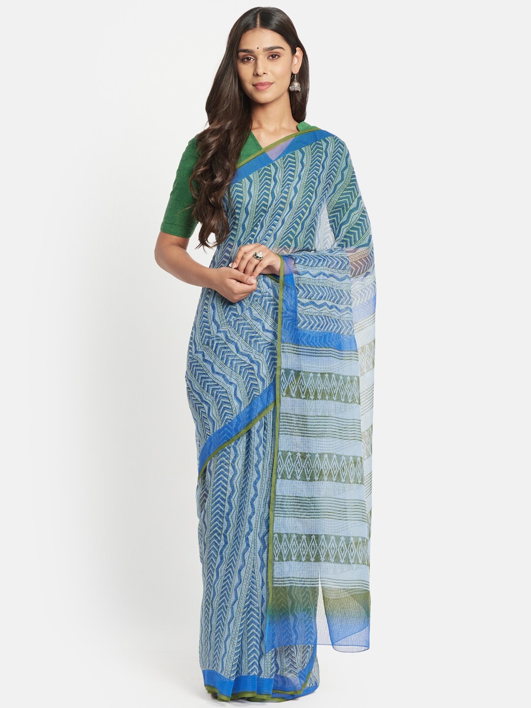 

Fabindia Blue & White Silk Cotton Block Print Saree