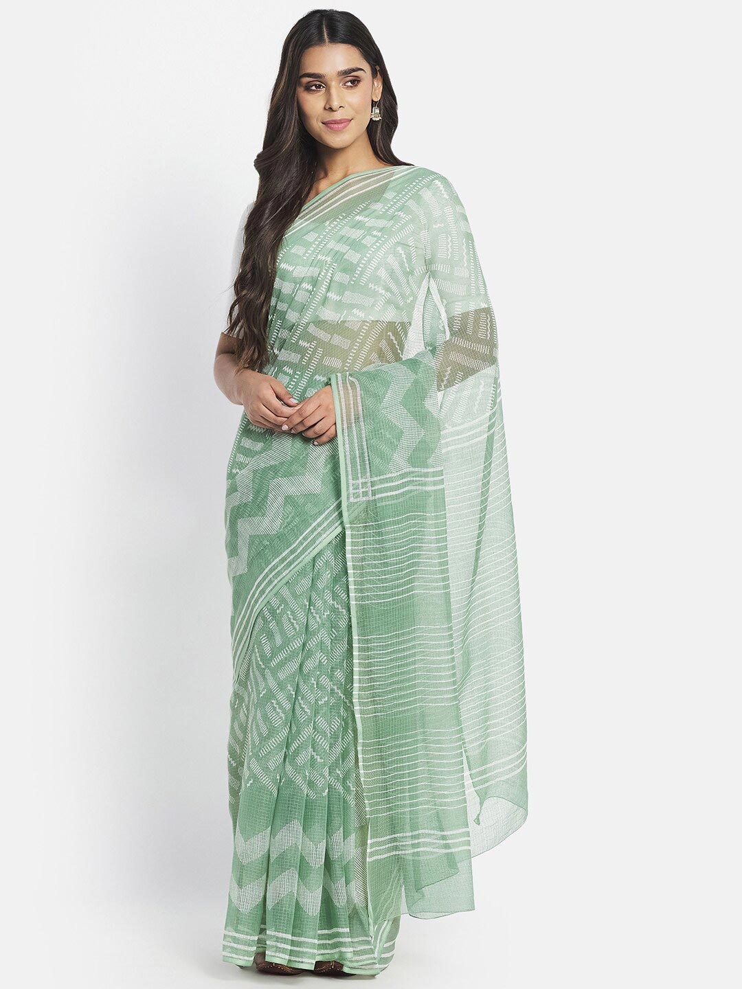 

Fabindia Green & White Silk Cotton Block Print Saree