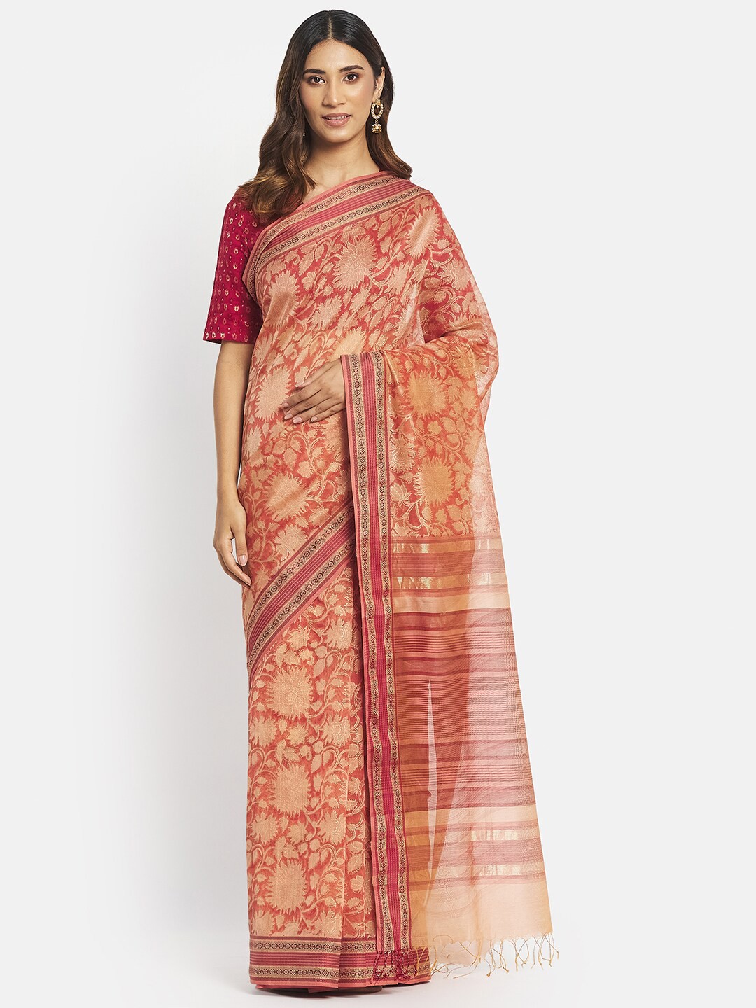 

Fabindia Red & Gold-Toned Floral Zari Silk Cotton Block Printed Saree