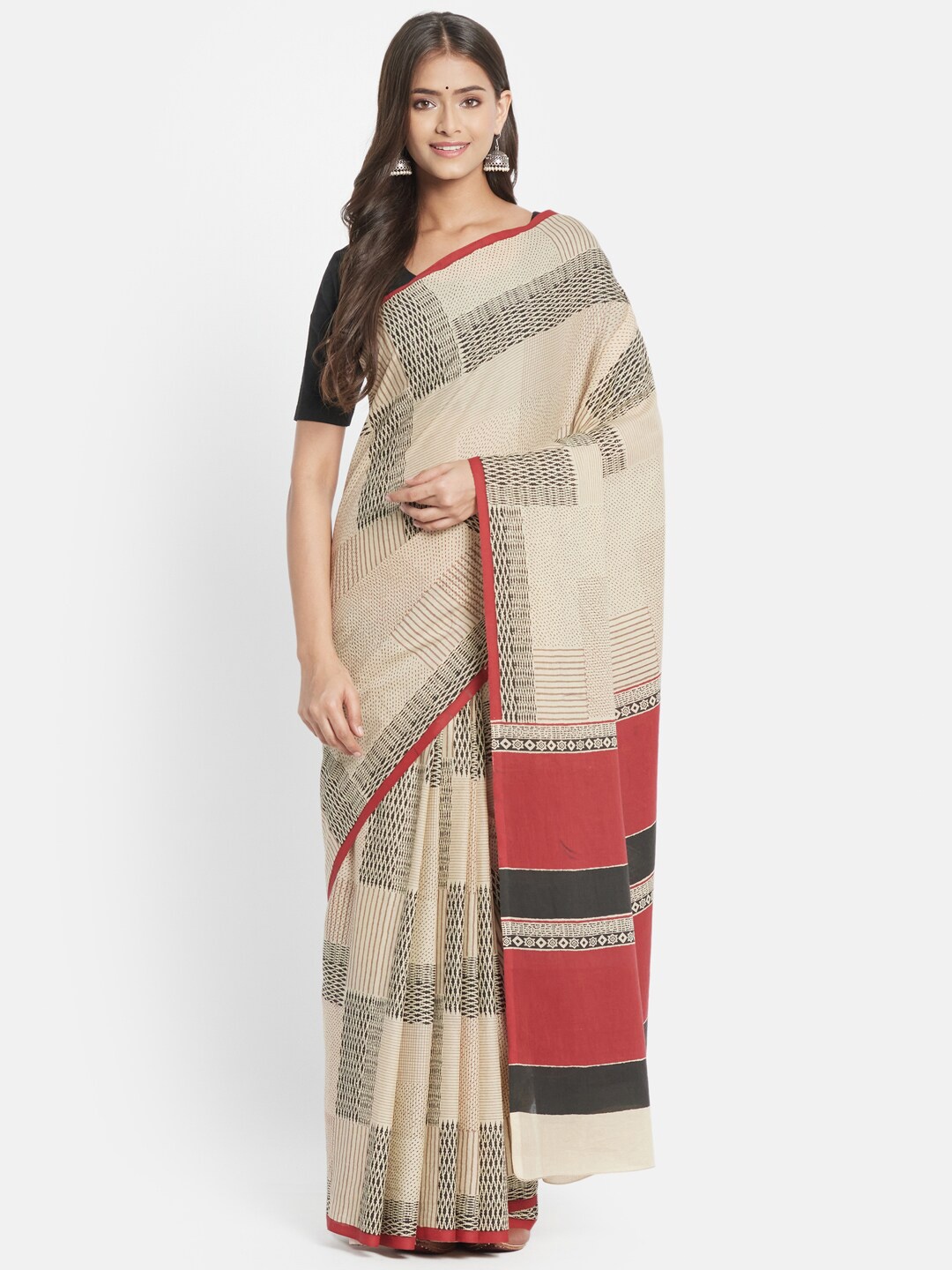 

Fabindia White & Red Pure Cotton Block Print Saree