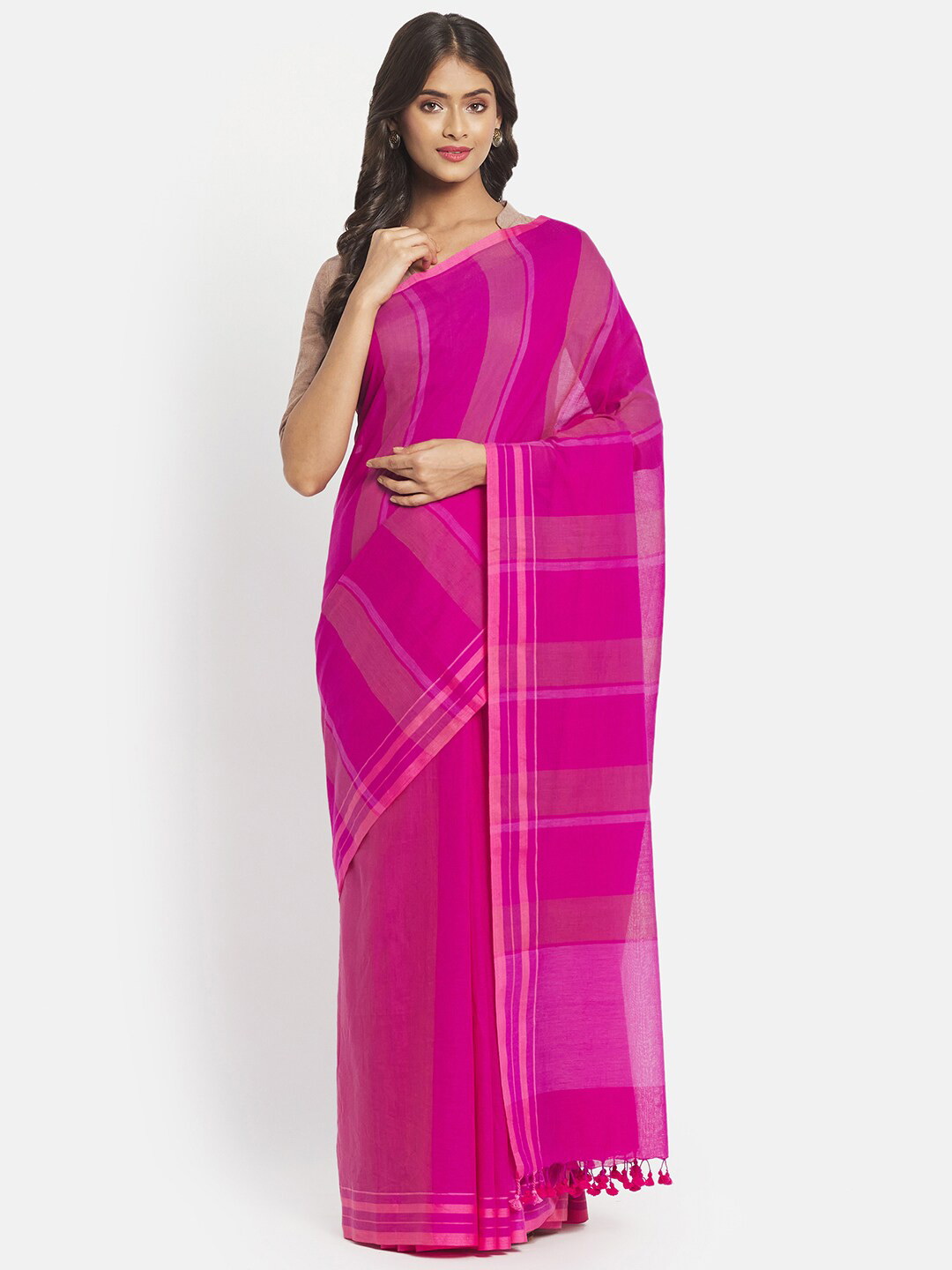 

Fabindia Fuchsia Striped Pure Cotton Saree