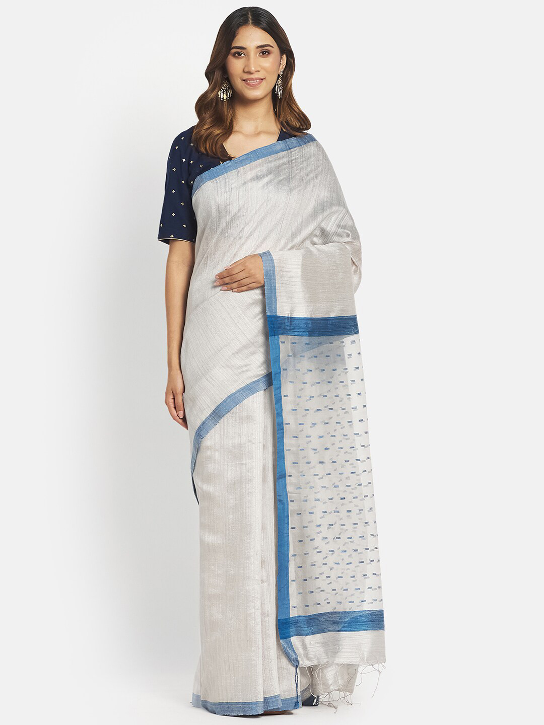 

Fabindia Off White & Blue Woven Design Pure Silk Jamdani Saree