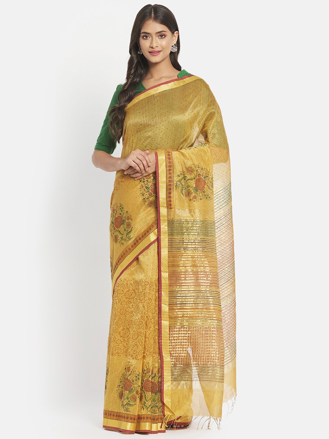 

Fabindia Yellow & Gold-Toned Floral Zari Silk Cotton Block Print Saree
