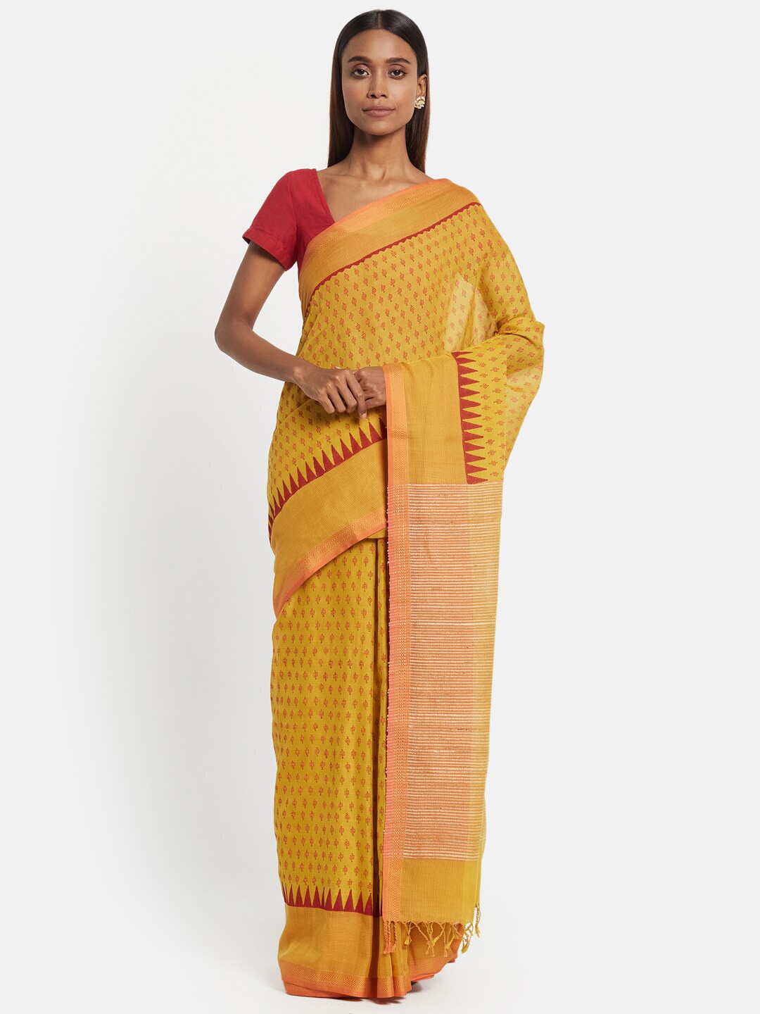 

Fabindia Yellow & Gold-Toned Ethnic Motifs Zari Silk Cotton Block Print Saree