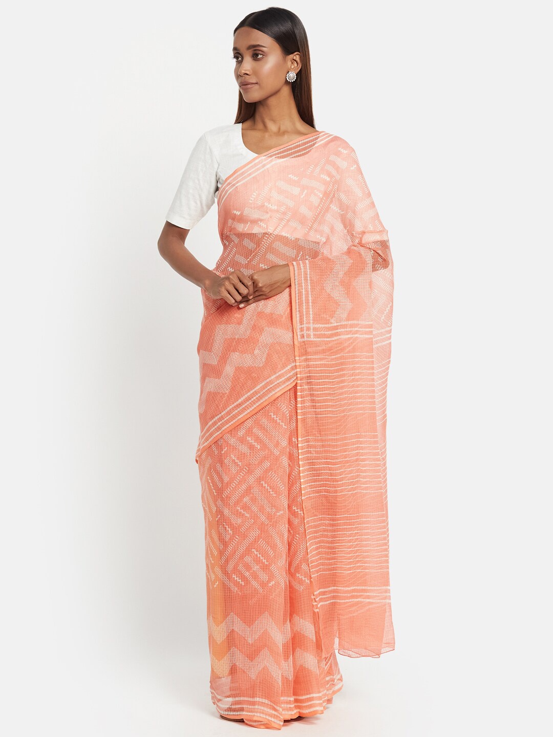 

Fabindia Peach-Coloured & White Silk Cotton Block Print Saree