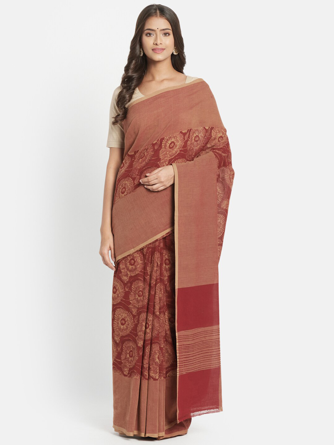 

Fabindia Red & Beige Kalamkari Zari Pure Cotton Saree
