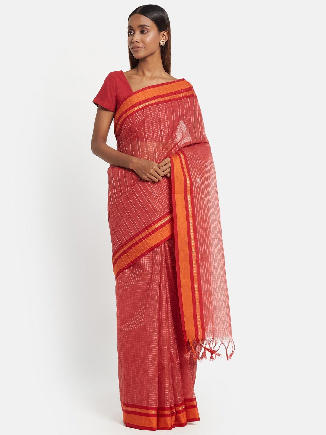 

Fabindia Red & Orange Woven Design Pure Cotton Saree
